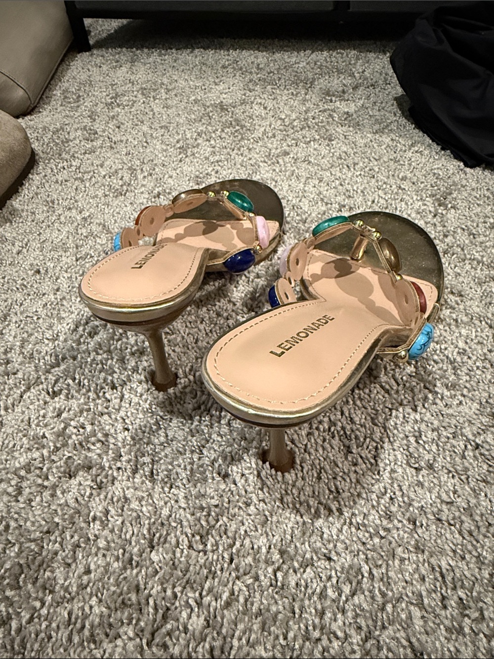 Princess Polly Gold Beaded Thong Heels with Multicolor Gem Accents - Picture 2 of 3